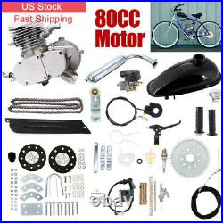 Full Set 80cc Bike Bicycle Motor Kit Motorized 2 Stroke Petrol Gas Engine Silver